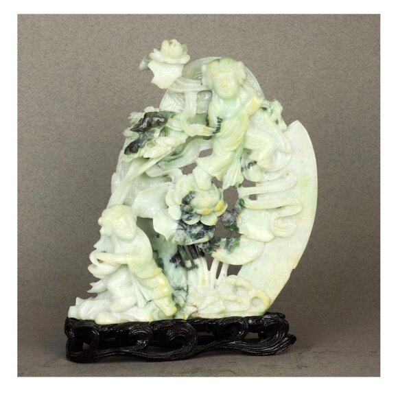 Jadeite Carving of "Two Immortals" Hehe Erxian on a carved wood base Antique - Picture 2 of 13